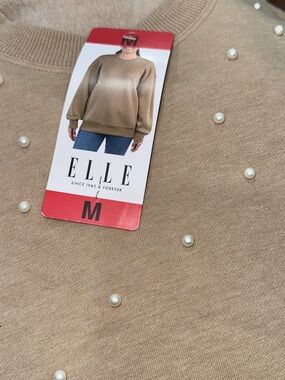 ELLE Tan Crewneck Sweater with Pearl Accents
